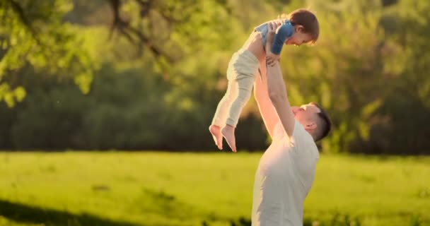 Papá manos sosteniendo poco feliz sonriente lindo hijo jugando juntos en la naturaleza campo POV disparo despreocupado familia disfrutando fin de semana relajante pasar un buen rato al aire libre ángulo alto — Vídeos de Stock