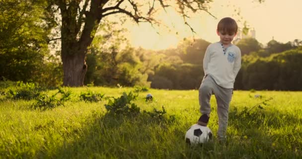 Junge steht mit einem Fußball im Sommer bei Sonnenuntergang und blickt in die Kamera — Stockvideo