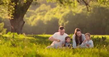 4 iki çocuklu aile ve anne-babalar yaz aylarında piknikte dondurma yiyor