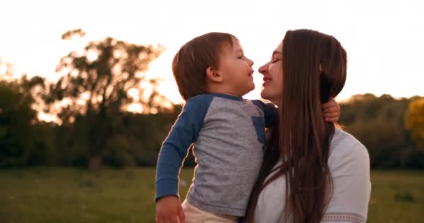 Küsst der Sohn seine Mutter, die bei Sonnenuntergang auf einem Feld sitzt und ihre Mutter umarmt und liebt. Muttertag. — Stockvideo