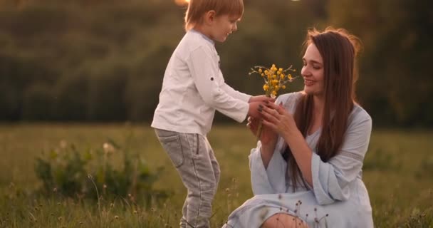 Mutter umarmt ihre beiden Söhne im Sonnenuntergang auf dem Feld. liebevolle Kinder glückliche Mama. — Stockvideo