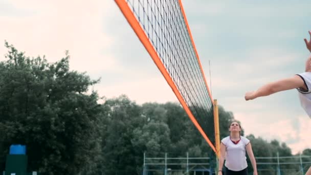 Fyra flickor som spelar volleyboll på stranden. Beachvolleyboll, netto, kvinnor i bikini. Platt tecknad illustration. Starta spelet, flickan som håller bollen — Stockvideo