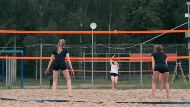 Młoda kobieta gra w siatkówkę na plaży w zespole przeprowadzającego atak uderzając piłkę. Dziewczyna w zwolnionym tempie uderza piłkę i przeprowadzić atak przez sieć — Wideo stockowe