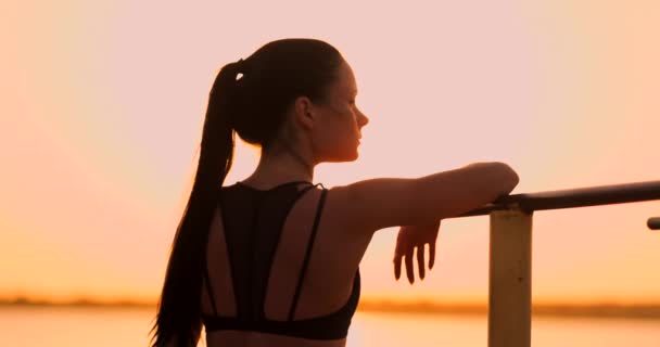 Mulher descansando em pé na barra de pôr do sol perto da vista traseira. Uma bela mulher morena com cabelos longos fica perto de barras horizontais horizontais descansando ao sol . — Vídeo de Stock