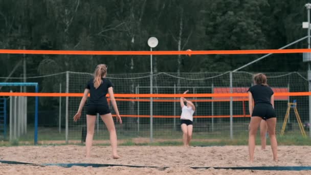 Młoda kobieta gra w siatkówkę na plaży w zespole przeprowadzającego atak uderzając piłkę. Dziewczyna w zwolnionym tempie uderza piłkę i przeprowadzić atak przez sieć — Wideo stockowe