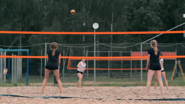 Profesionální volejbal slouží ženě na plážové turnaji. Volejbalové sítě hráč při aplikování pohledu zablokuje zobrazení