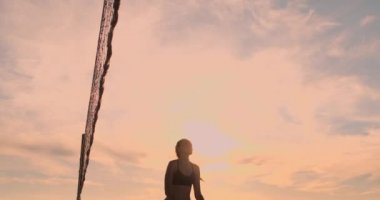 Grup Genç kızların plaj voleybolu günbatımı ve gündoğumu, ağır çekim sırasında çalıştırmak,