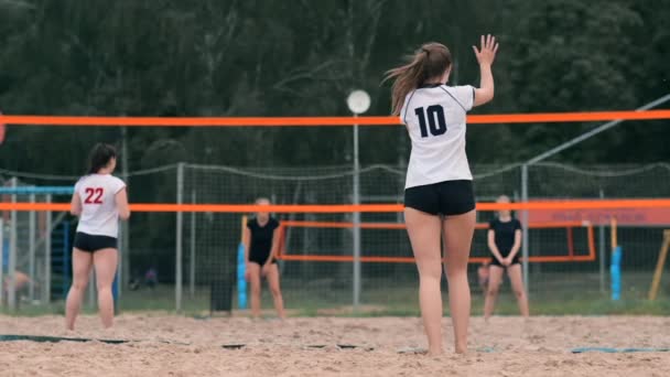 Профессиональный волейбол обслуживает женщин на пляжном турнире. Волейбольная сетка игрок блокирует вид при применении — стоковое видео