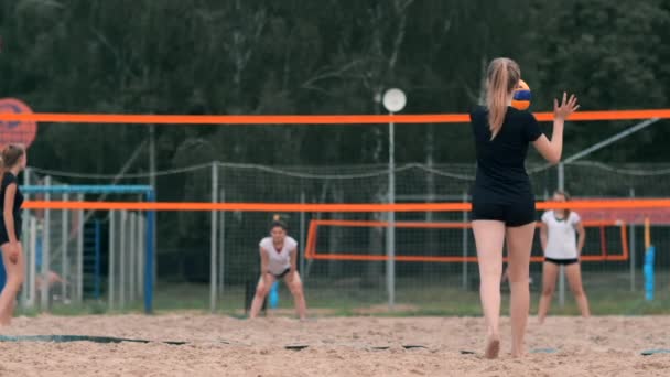 Волейбольная подача. Женщина готовится подавать волейбол стоя на пляже замедленным движением . — стоковое видео