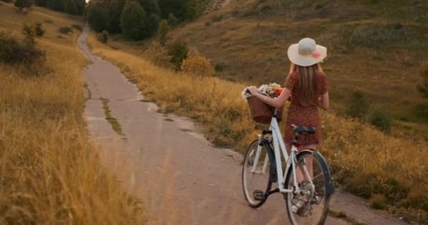 Back plan: mooie blonde in jurk en retro fiets wandelen op de weg in het zomer veld. — Stockvideo