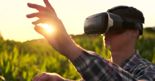 Чоловічий фермер у окулярах віртуальної реальності на заході сонця контролює систему зрошення кукурудзи — стокове відео