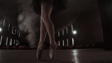 Balerin Bacaklarının Yakın Çekim çekimi. Pointe Bale Ayakkabılarıyla Dans Ediyor. Shes Siyah Tutu Elbise Giyiyor. Parlak ve Güneşli Bir Stüdyo'da çekilmiş. Yavaş Çekimde