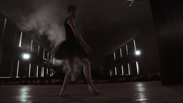 발레리나 다리의 클로즈업 샷. 그녀는 그녀의 포인테 발레 신발에 춤을. 그녀는 검은 투투 드레스를 입고. 밝고 써니 스튜디오에서 촬영. 슬로우 모션에서 — 비디오