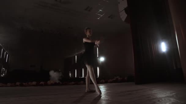 Prima baletka, která má na pódiu výcvik na jevišti s reflektory v pozdním večeru před důležitým výkonem v divadle opery a baletu. Interiéru — Stock video