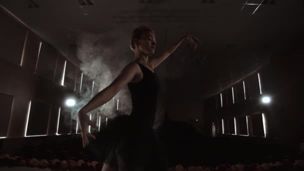 Prima ballerina op pointes trainen op het podium met spots in de late avond voor belangrijke optredens in Opera en ballet theater. Binnen — Stockvideo