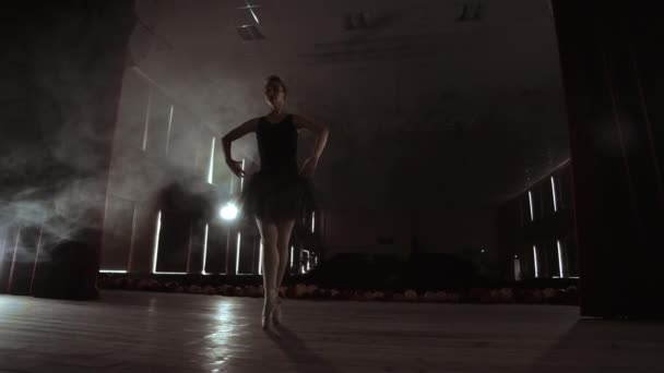 Prima ballerina på pointes träning på scen med strålkastare i sen kväll innan viktiga prestationer i Opera och balett. Inomhus — Stockvideo