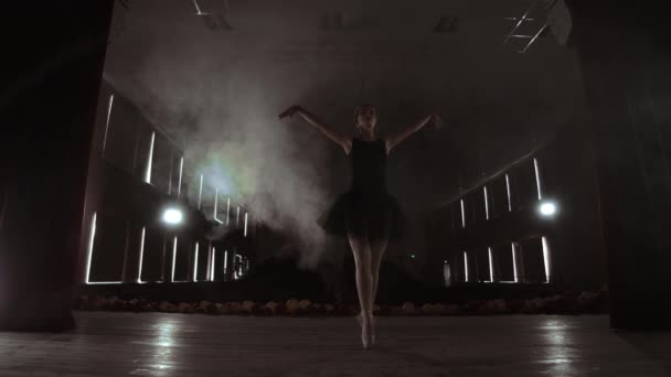 Νέος επαγγελματίας μπαλαρίνα κάνοντας κυκλικές κινήσεις στη σκηνή. Όμορφο κορίτσι χορεύει σε προβολείς το βράδυ κατά τη διάρκεια της πρόβα φόρεμα — Αρχείο Βίντεο