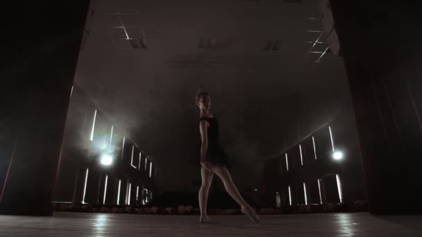 스포트 라이트 앞에서 천천히 춤추는 발레리나. 여러 스포트라이트는 슬로우 모션의 어두운 단계에서 춤 발레리나를 보여줍니다. — 비디오