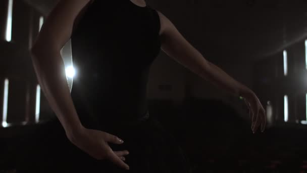 Empresa de balé Prima em um vestido escuro em um palco de teatro escuro ensaiando na fumaça executa movimentos de dança em câmera lenta — Vídeo de Stock