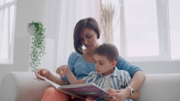 Портрет маленького симпатичного хлопчика, який читає книгу з матір'ю, сидячи в безпеці . — стокове відео