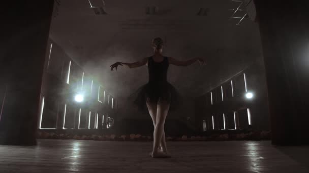 Slow motion: prima ballet on stage rehearsing performance in the dark light of the contra. The lights from the hall. — Stock Video