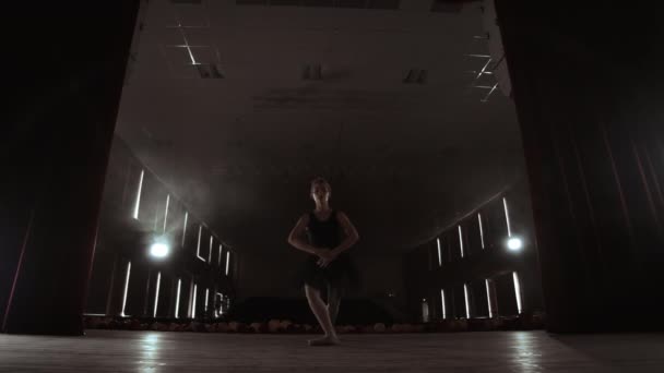 Teatro de ballet Prima en el escenario ensayando la actuación en el humo — Vídeo de stock