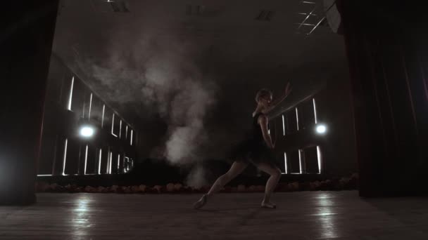 Pomalý pohyb: Prima balet na jevišti, který zkouší představení v tmavém světle Contra. Světla z haly. — Stock video