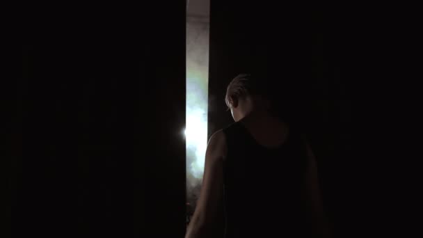 아름다운 프리마 발레리나 입력 어두운 단계 결정 순수 연기 실루엣 슬로우 모션. — 비디오