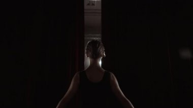 Perde gibi genç Prima Ballerina giren sahne Izleyici karanlık sahne fedakarlığı esneklik duman siluet yavaş hareket önünde açılır.