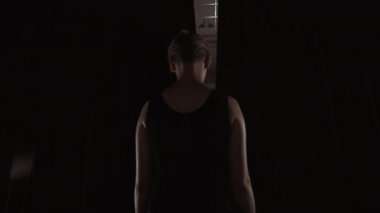 Perde gibi genç Prima Ballerina giren sahne Izleyici karanlık sahne fedakarlığı esneklik duman siluet yavaş hareket önünde açılır.