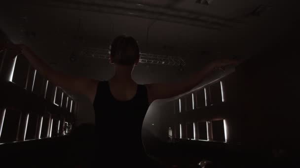 MOCIÓN LENTA: Bailarina bailando en zapatos Pointe en el escenario en humo en la vista trasera de luz oscura. la cámara se mueve en gimbal . — Vídeos de Stock