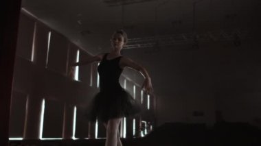 Yavaş hareket: koyu ışık arka görünümünde duman sahnesinde Pointe ayakkabılar balerin dans. Kamera gimbal üzerinde hareket.