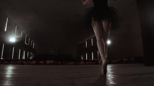 SLOW MOTION: primo piano delle gambe delle ballerine nei pounts e movimento regolare della fotocamera lungo l'asse verticale. Ritratto di una ballerina . — Video Stock