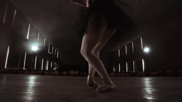 Slow motion: närbild av ballerinor benen i pounts och smidig förflyttning av kameran längs den vertikala axeln. Porträtt av en ballerina. — Stockvideo