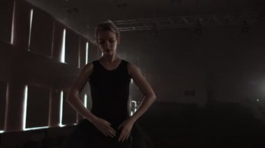 Kamera geri ayakta genç bale dansçı silüeti. Zarif Genç balerin ikinci pozisyonda kamera ayakta ışık silueti üzerinde poz.