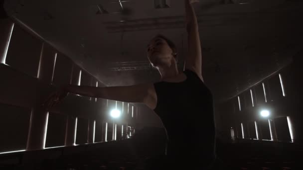 Elegancka tancerka baletowa w czarnym Tutu w studiu z dymem. I podświetlany. — Wideo stockowe