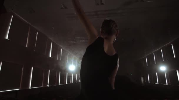 MOCIÓN LENTA: Bailarina bailando en zapatos Pointe en el escenario en humo en la vista trasera de luz oscura. la cámara se mueve en gimbal . — Vídeos de Stock