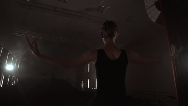 Αργή κίνηση: πρίμα μπαλέτο προβάρει μια σόλο παράσταση στέκεται στη σκηνή του θεάτρου σε καπνό με ένα μαύρο φόρεμα στο φως — Αρχείο Βίντεο