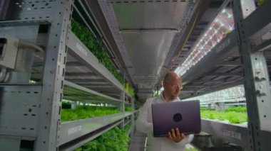 Bir dizüstü bilgisayar ve tablet ile beyaz önlük bilim adamları otomatik bir çiftlikte saf değiştirilmemiş ürünler büyümek için dikey bir çiftlik çalışmalarını analiz eder. Kamera gimbal sitede hareket ediyor
