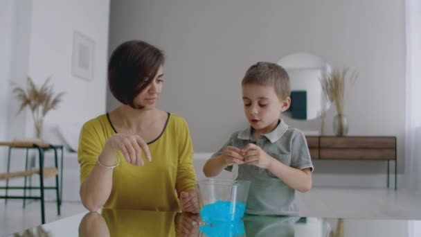 Beyaz bir dairede yerde oturan anne ve çocuk gerilebilir plastik oyuncak oynar, gülerek ve birlikte gülümseyerek kullanılır — Stok video