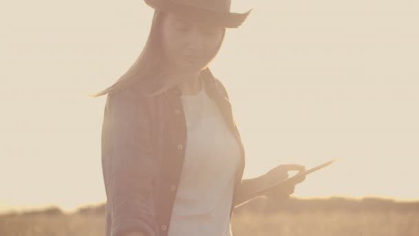 Mujer agricultora en un sombrero y una camisa a cuadros toca los brotes y semillas de centeno, examina y entra datos en la tableta de ordenador está en el campo al atardecer — Vídeo de stock