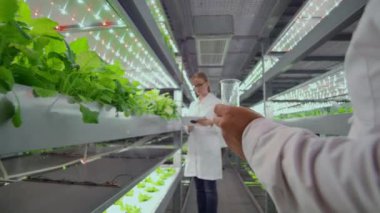 meslektaşları ile tartışmak için bitki örnekleri ile bir test tüpü taşıyan bir erkek biyolog yakın çekim
