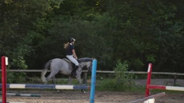 Profesyonel kız binici bir at üzerinde dörtnala. Gün batımında arenada ata binen kız. At toynak çok toz oluşturur. Rekabetçi binici eğitim atlama