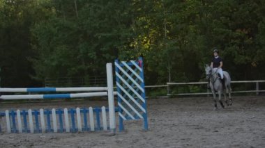 Ağır çekim, Close Up, düşük açı: Horsegirl güneşli açık havada kumlu parkour terbiye arenada çit atlama güçlü kahverengi at binme. Rekabetçi binici modacı engellerin üzerinden atlama eğitimi.