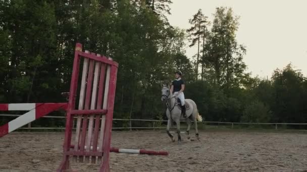 Νεαρή γυναίκα πηδάει άλογο πάνω από ένα εμπόδιο κατά τη διάρκεια της προπόνησής της σε μια αρένα. Νέα γυναίκα πηδάει άλογο πάνω από ένα εμπόδιο κατά τη διάρκεια μιας εκδήλωσης σε μια αρένα. Αθλητισμού. Στοχεύει. — Αρχείο Βίντεο