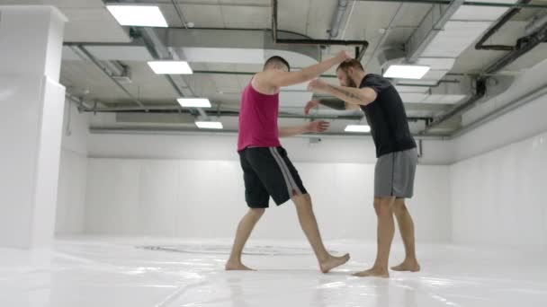 Los luchadores MMA practican técnicas de lucha libre. Salón blanco y luchadores en el tatami. Un hombre con una camiseta roja y un hombre con una camiseta de cheques. Entrenador y práctica de combate captura y lanza — Vídeos de Stock