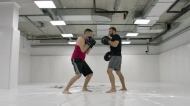 Bir eğitmen ile bir mma mücadele ederek, o kol ve bacaklar çarpıcı tekniği çalışır, dalış ve grevsapmaların tepki eğitim. Darbeler pençeleri üzerinde bir ortak ile egzersiz