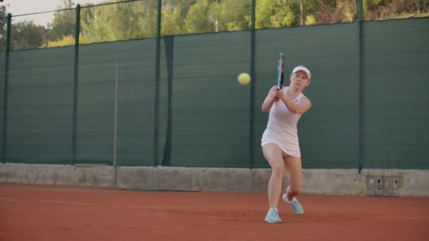Επαγγελματικά εξοπλισμένη γυναίκα που χτυπά σκληρά την μπάλα του τένις με ρακέτα του τένις. Επαγγελματικά εξοπλισμένη γυναίκα που χτυπά σκληρά την μπάλα του τένις με την ρακέτα του τένις. — Αρχείο Βίντεο