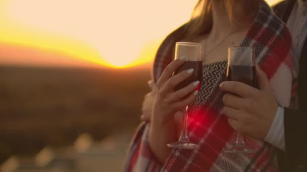 Mann und junge hübsche Frau sitzen auf Couch, halten Weingläser in der Hand und küssen sich bei Sonnenuntergang auf der Dachterrasse. — Stockvideo