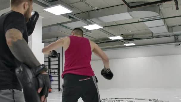 Movimiento lento: El combatiente golpea con un giro durante la rotación de la pierna. Coach sostiene las patas para el entrenamiento de kick-boxer antes de la pelea — Vídeos de Stock